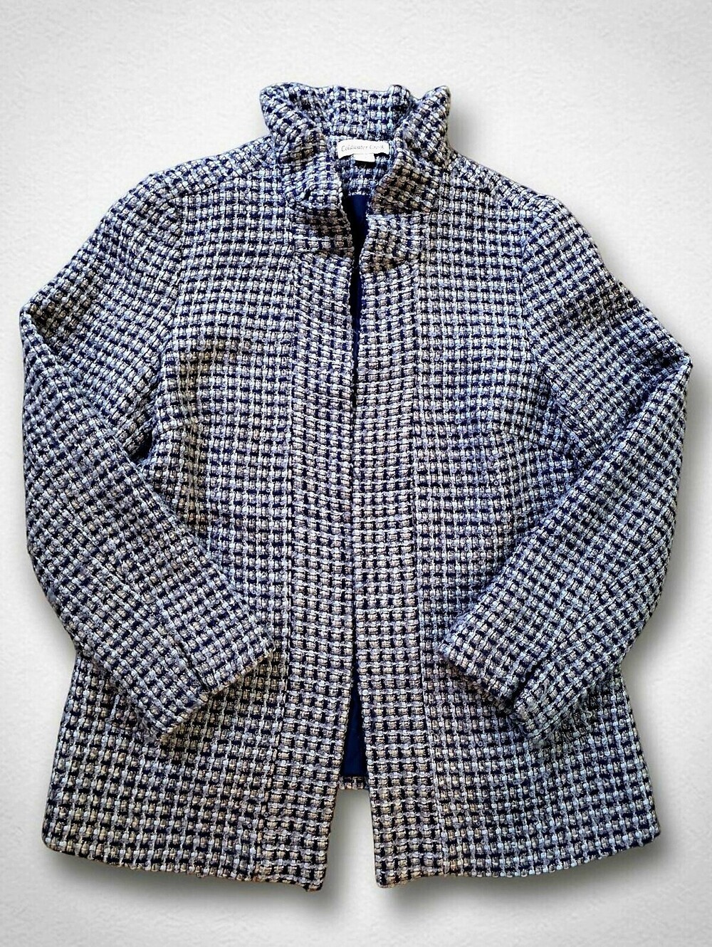 Coldwater Creek Navy Blue Boucle Tweed Jacket Silver Metallic Thread Wool Blend